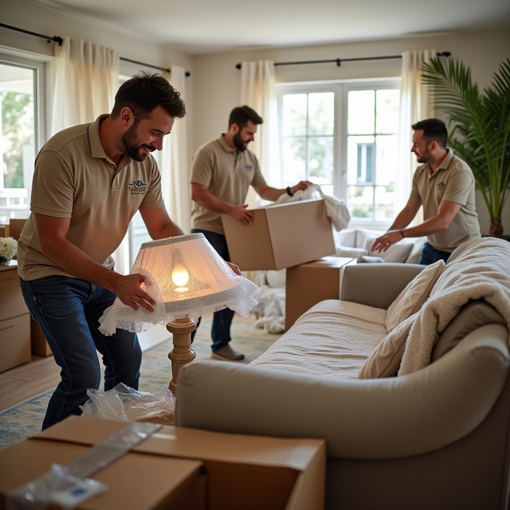 Movers helping a client wrap up their house, and wrapping the lamp with bubble wrap